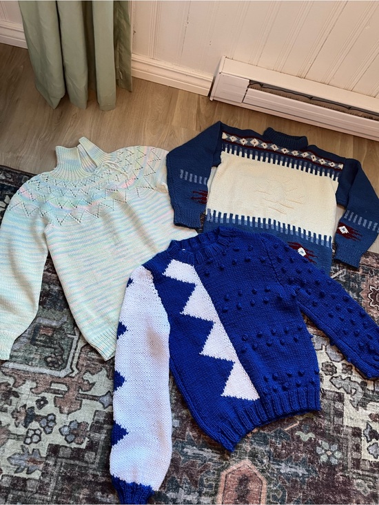 Sweaters - Bundle of Vintage Women’s Blue and Cream Knit Sweaters - Cozy Winter Styles M